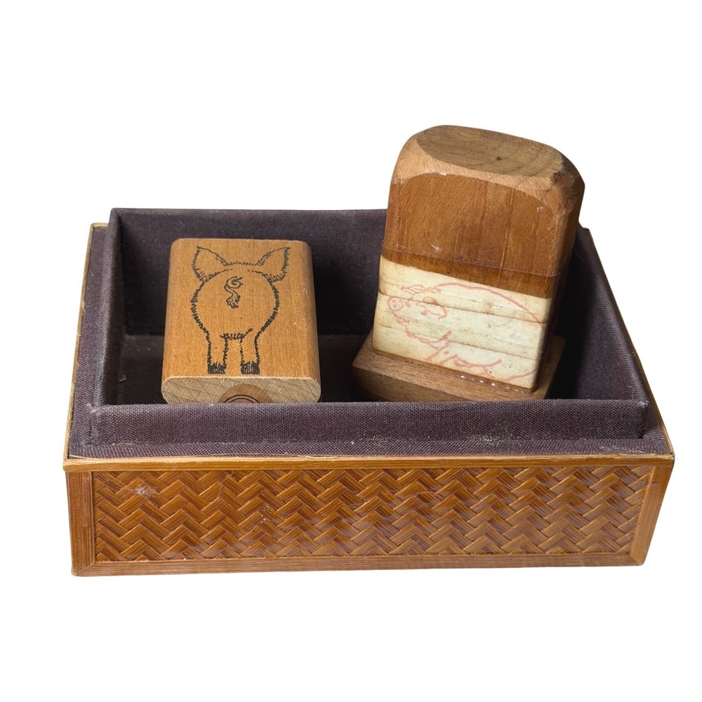 Vintage All Night Media Pig‎ Rubber Stamp Set Wood Mounted with Woven Box